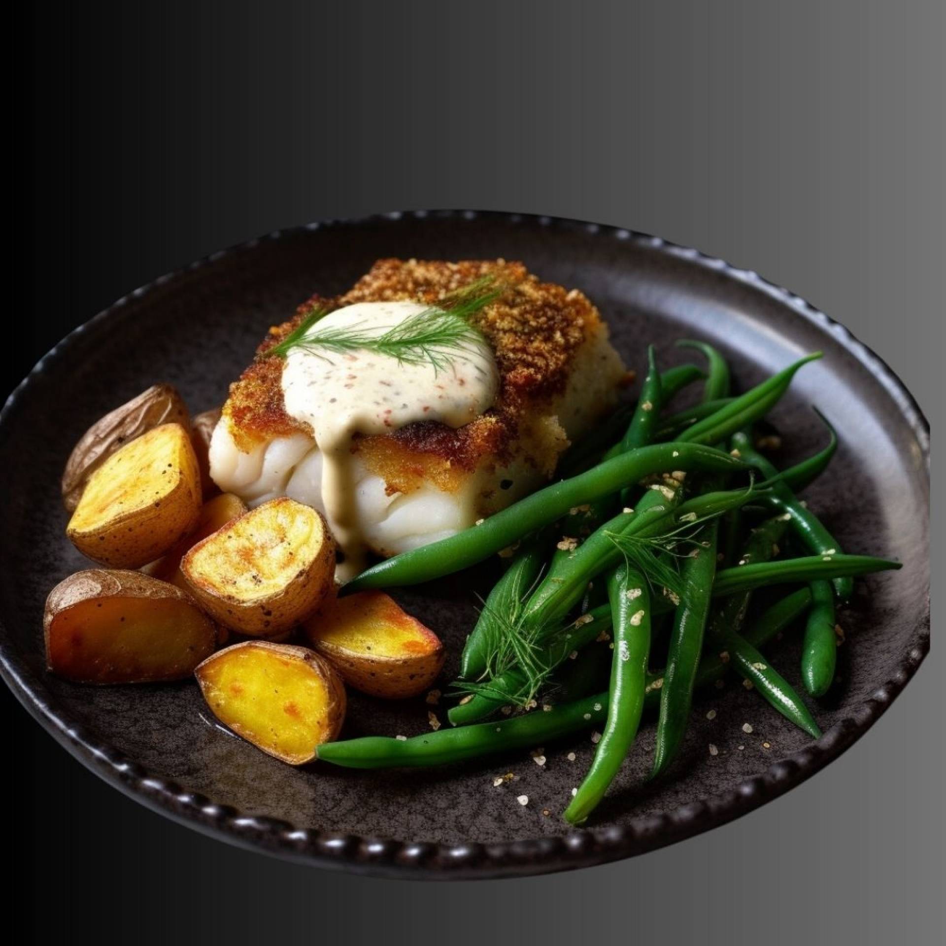 Herb-Crusted Cod with Lemon Aioli, Charred Haricot Verts and Roasted Potatoes