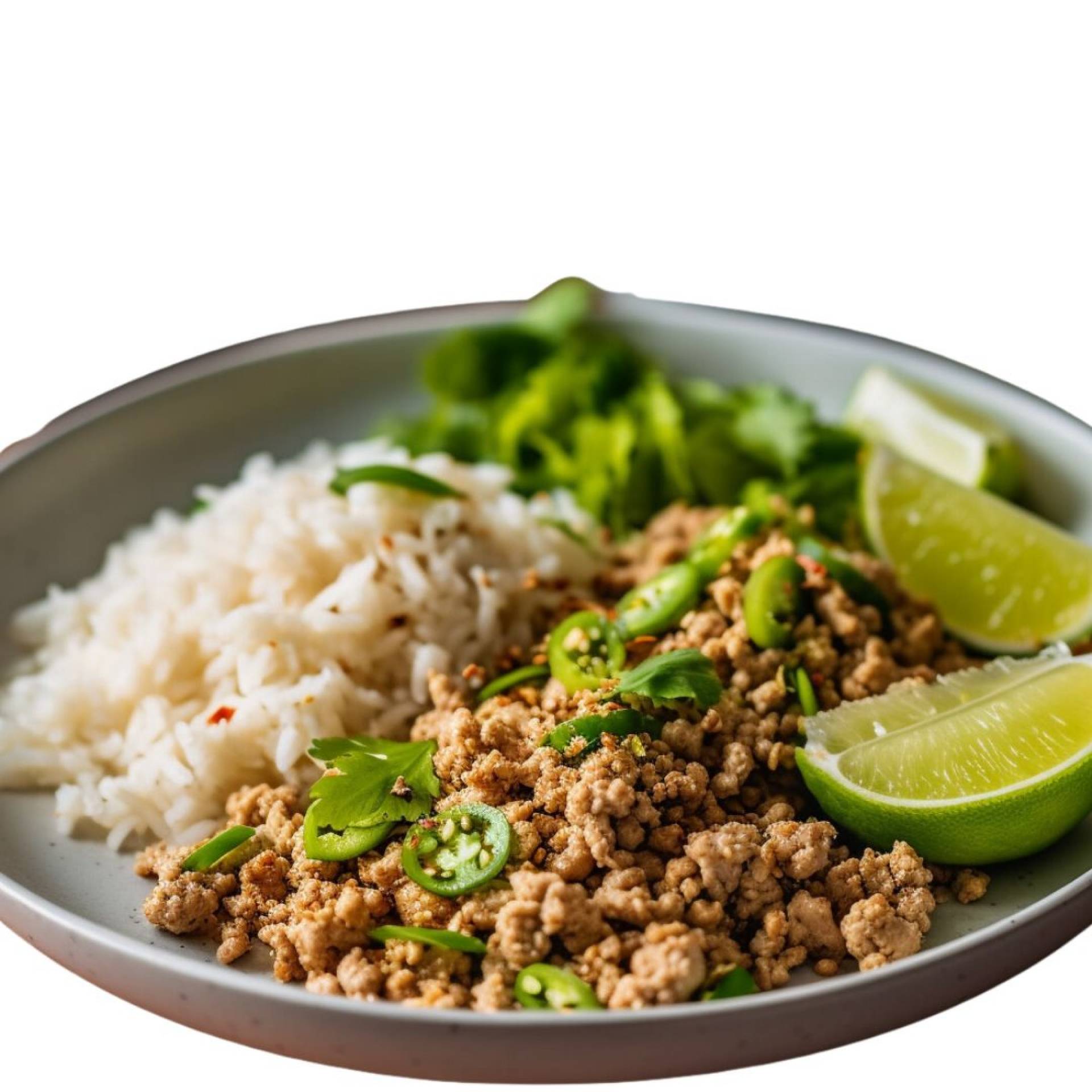 Ground turkey larb with a lime dressing, served with edamame rice