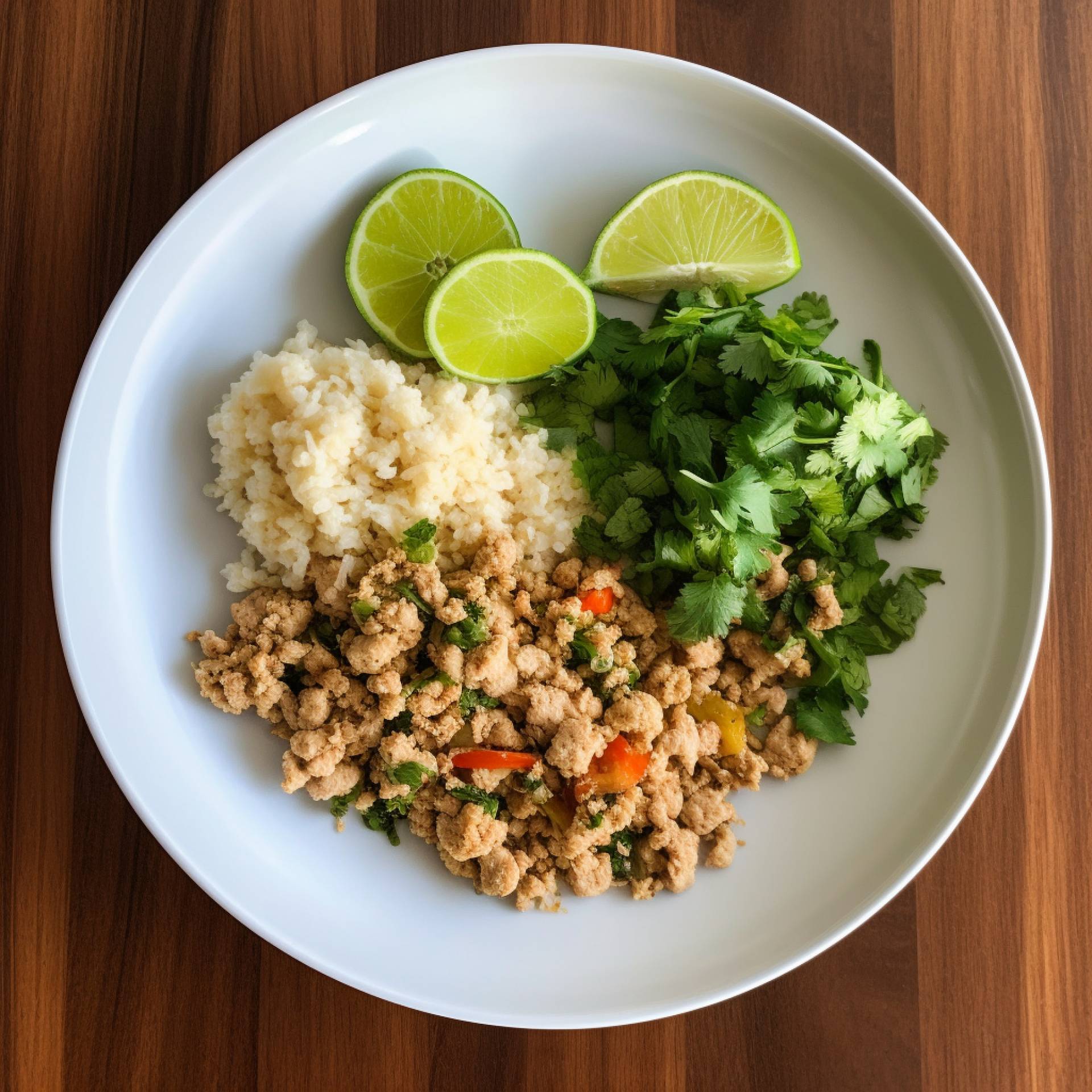 Low Carb Ground turkey larb with a lime dressing, served with cauliflower rice
