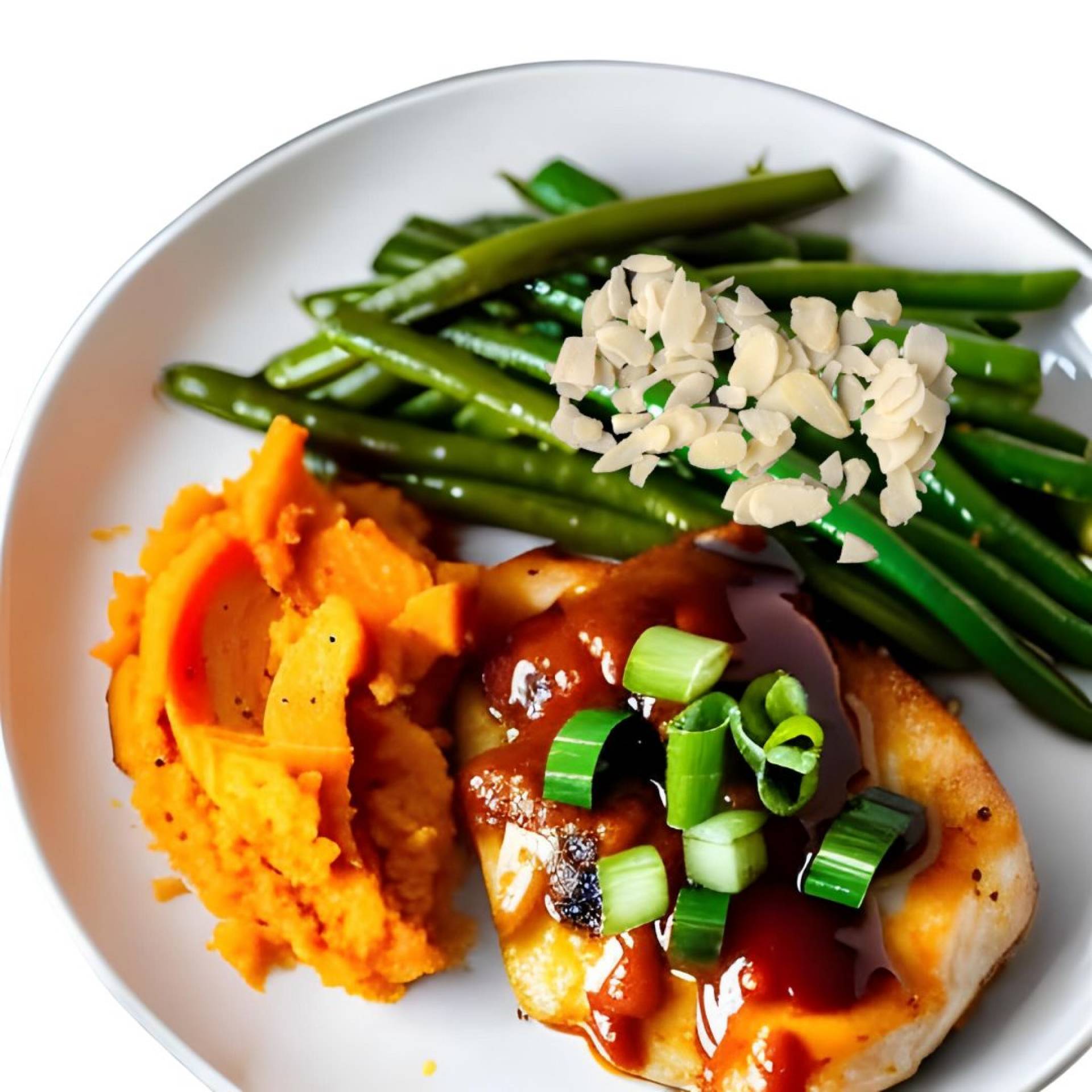 BBQ Chicken with Whipped Sweet Potatoes & Green Beans Almondine