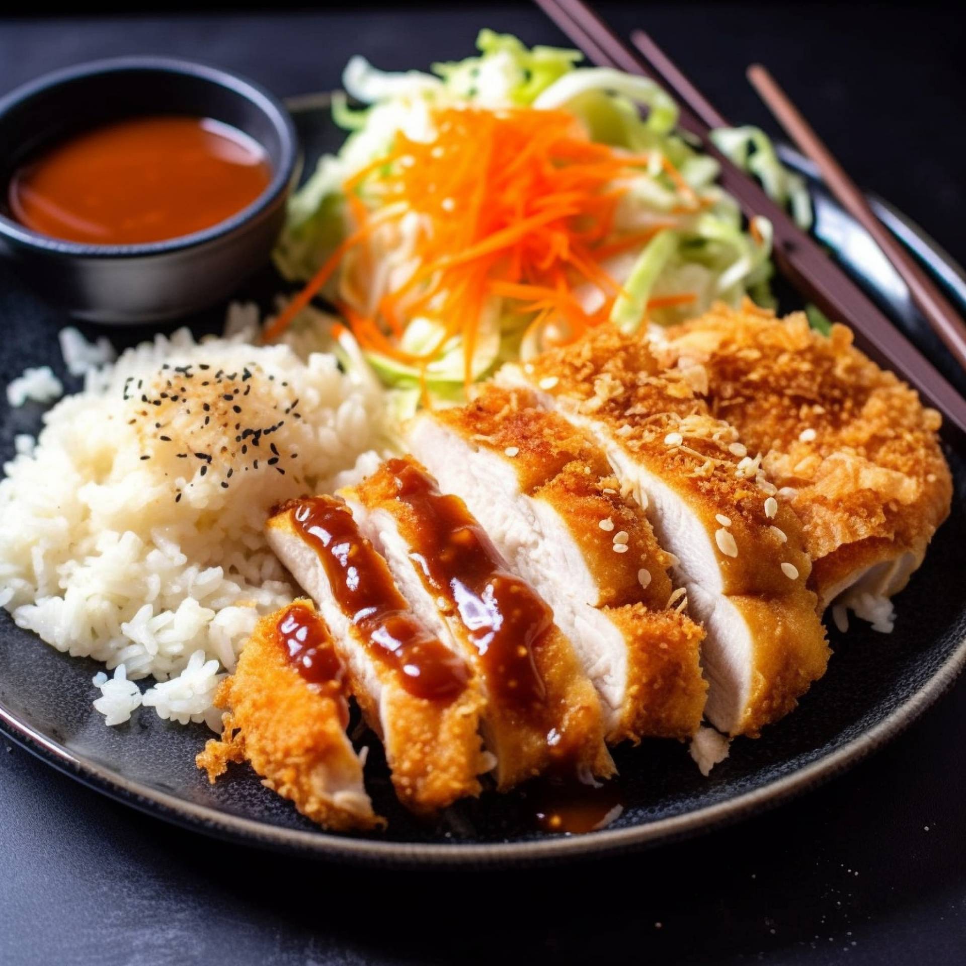 Chicken Katsu with Sticky Brown Rice and Sesame Cabbage Slaw