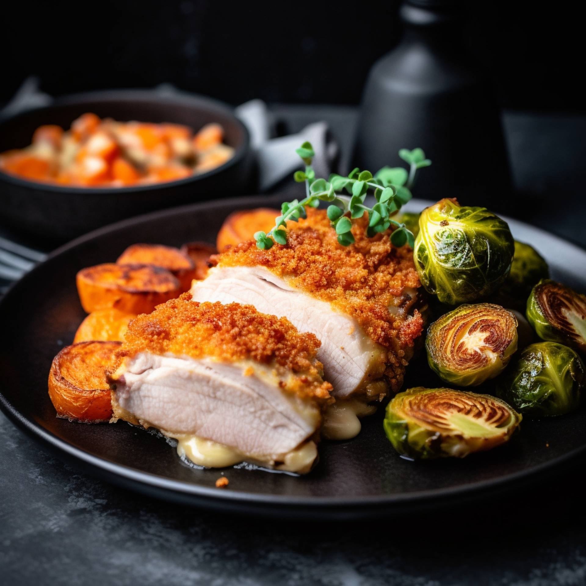 Chicken Cordon Bleu with Whipped Sweet Potatoes and Roasted