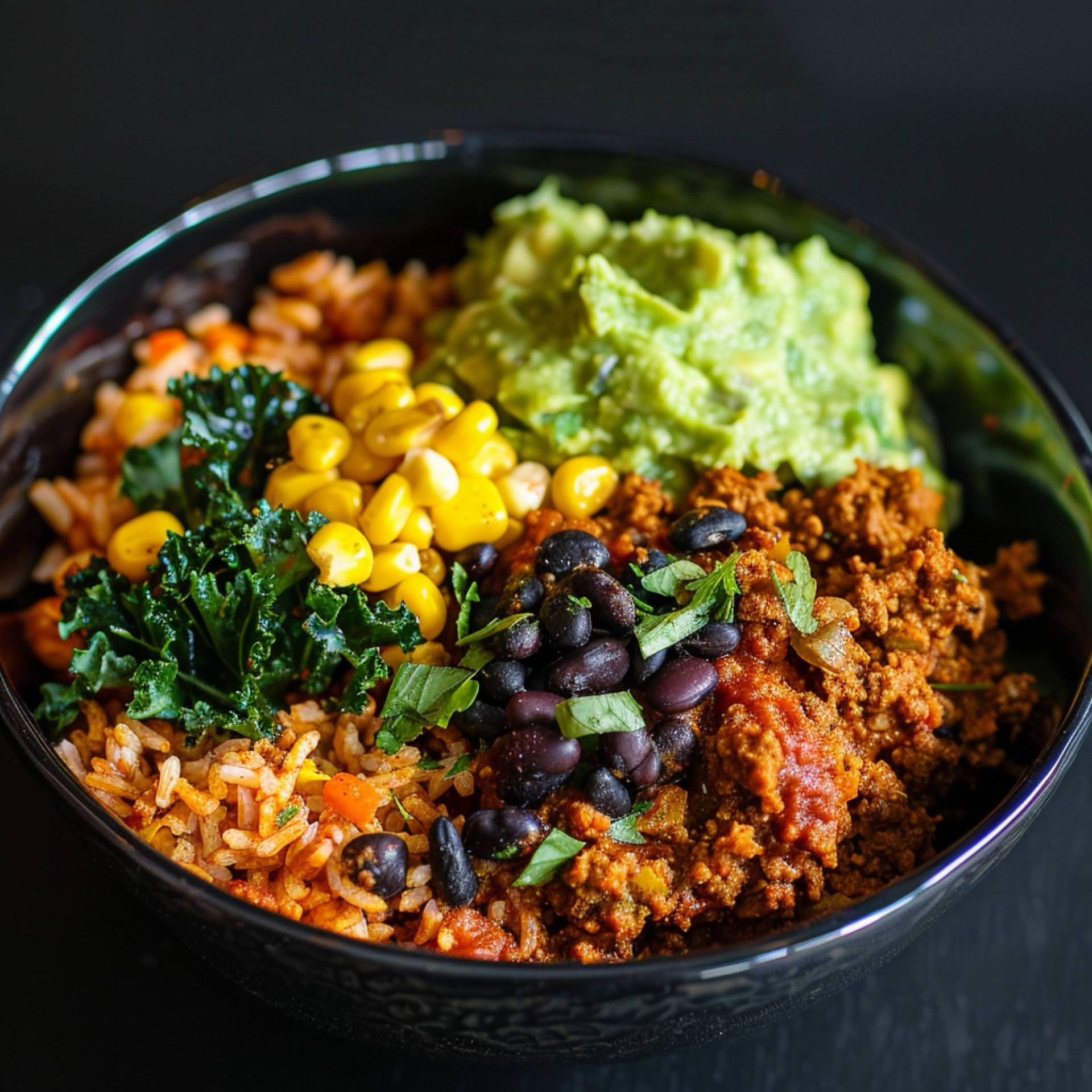 Vegan Crumbles, Black Beams & Avocado Burrito Bowl