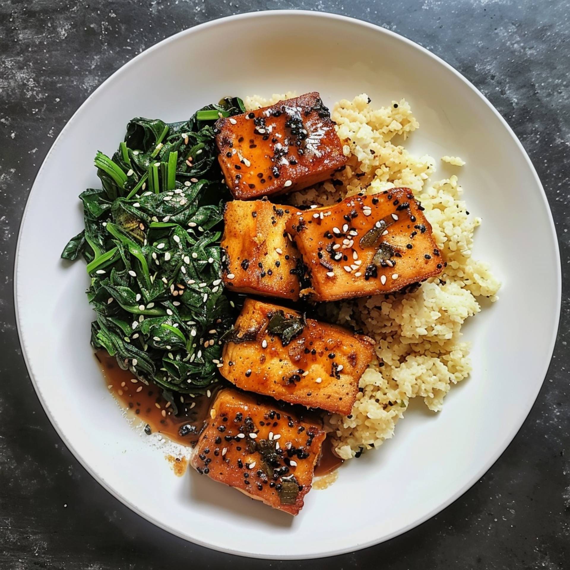Vegan Version: Balsamic-Grilled Tofu with Pomegranate Reduction with Cauliflower Rice