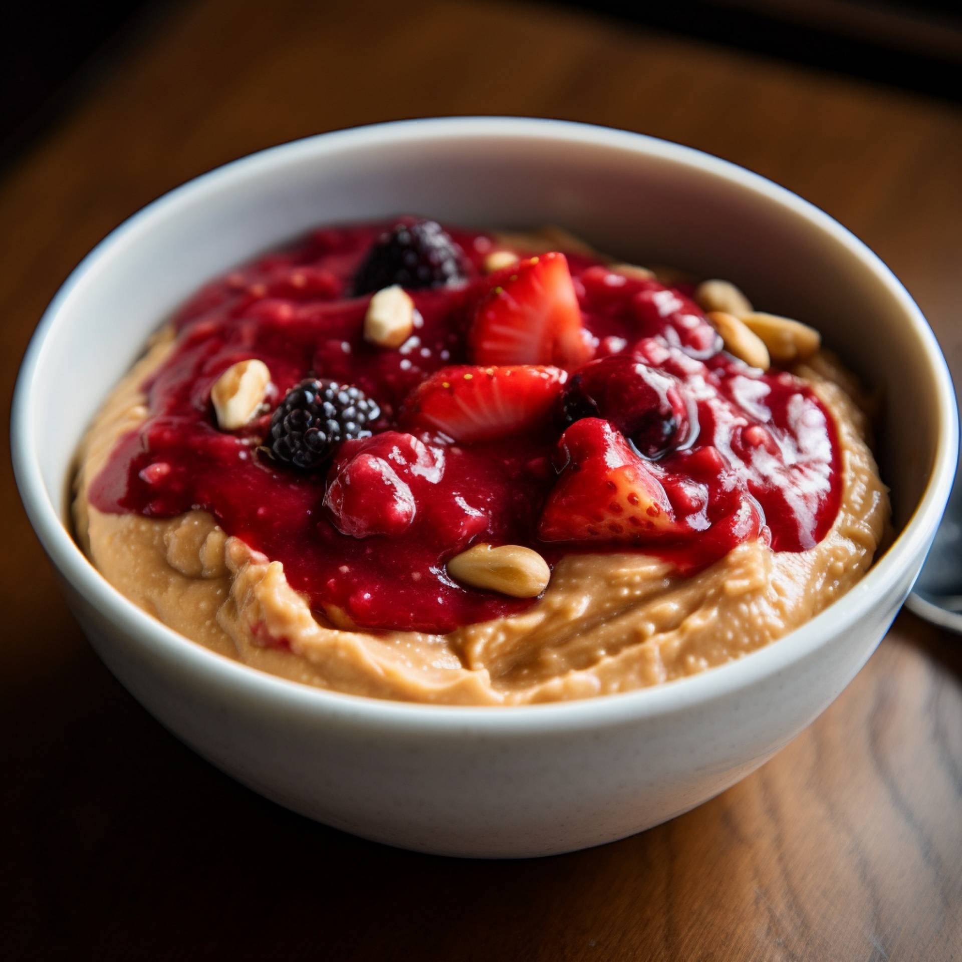Protein Oats Bowl Topped with Berries & Peanut Butter
